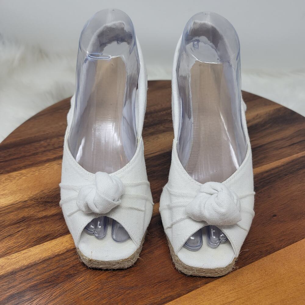 Colin Stuart Women White Fabric Upper Knotted Detail Espadrille Wedge Shoe 7.5